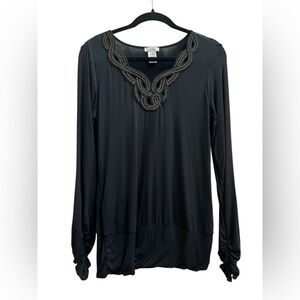 Cache Black Y2K Braided Neckline Ruched Cuff Long Sleeve Top M